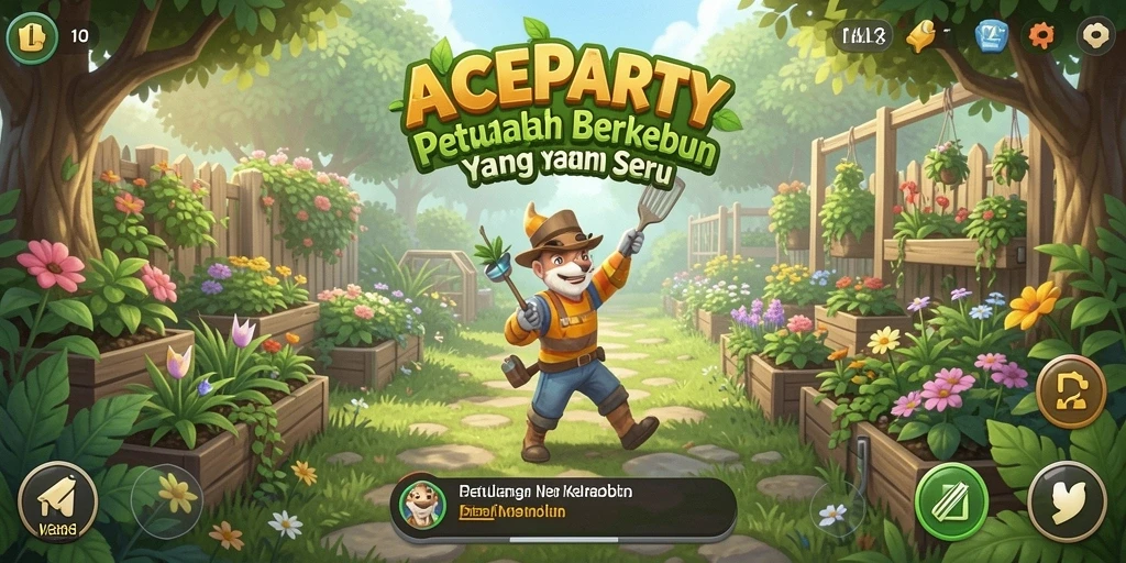 Screenshot gameplay ACEPARTY menampilkan dunia pertanian yang cerah dan interaktif.