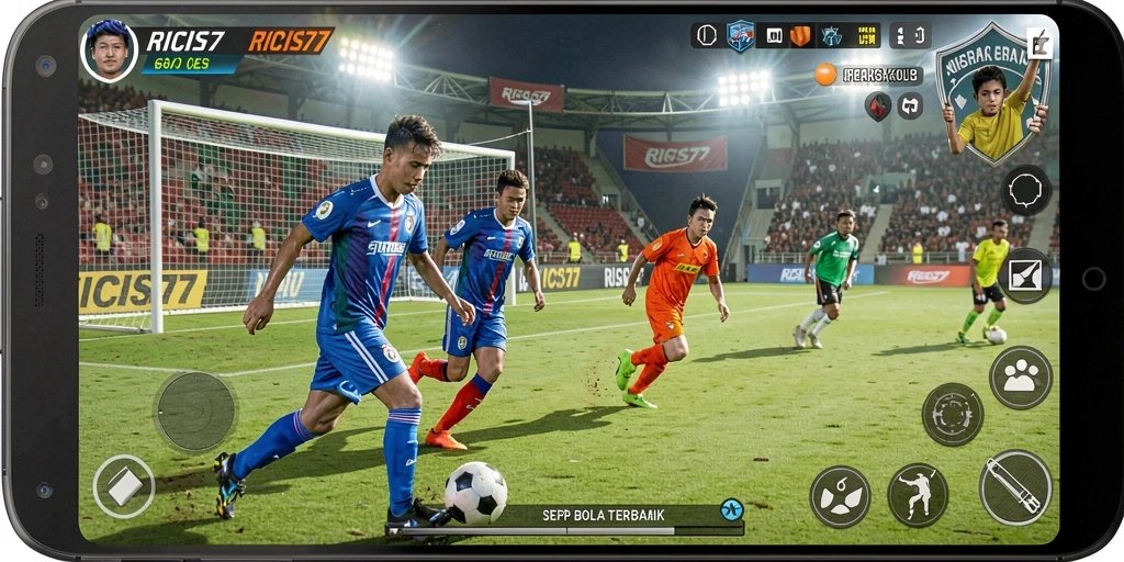 Tampilan gameplay RICIS77 dengan pemain sepak bola beraksi di lapangan.