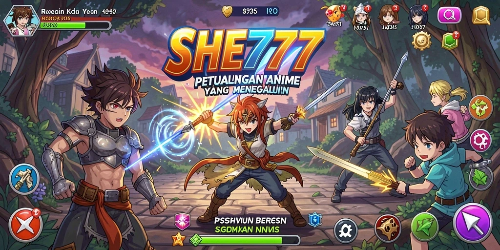 Tampilan gameplay SHE777 yang penuh aksi dan karakter anime menarik.